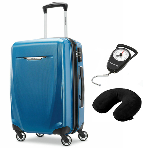 Samsonite Winfield 3 DLX Spinner 71/25 Checked Luggage Blue + Scale & Pillow