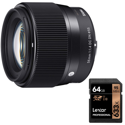 Sigma 56mm F1.4 DC DN C Contemporary Lens for Sony E-Mount with 64GB Memory Card