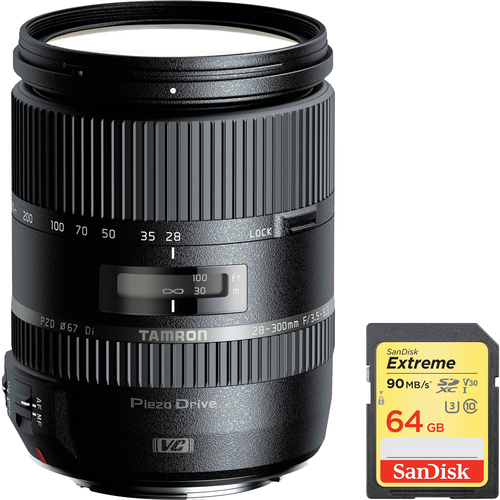 Tamron 28-300mm F/3.5-6.3 Di VC PZD Lens for Canon w/ Sandisk 64GB Memory Card