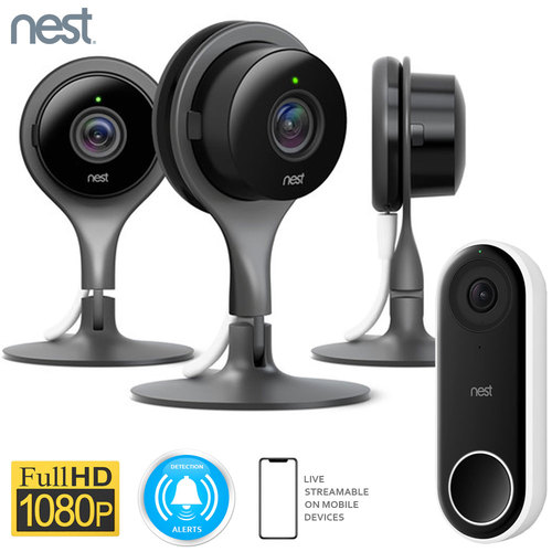 Google Nest Indoor Security Camera (Pack of 3) with Nest Hello Smart Wi-Fi Video Doorbell