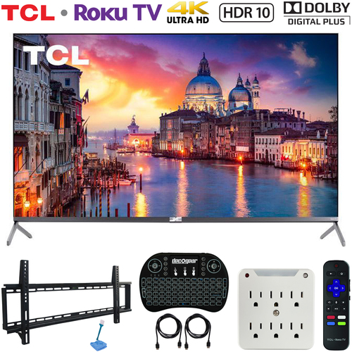 TCL 55` 6-Series 4K QLED UHD HDR Roku Smart TV (2019) w/ Mounting & Hook-Up Bundle