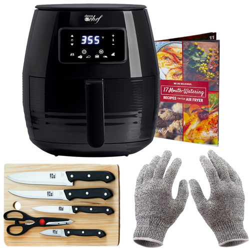 Deco Chef Digital 5.8QT Electric Air Fryer w/ Cut Resistant Gloves & Knife Set - Black
