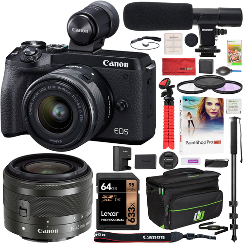 Canon EOS M6 Mark II Mirrorless Camera + 15-45mm Lens + EVF + Microphone Pro Kit Black