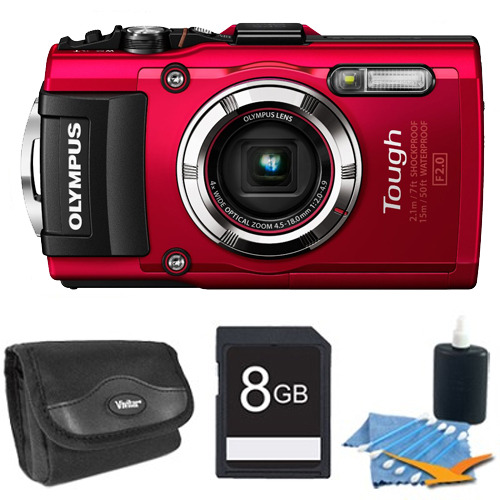 Olympus TG-3 16MP 1080p HD Shockproof Waterproof Digital Camera Red 8 GB Kit