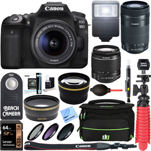 Canon EOS 90D 32.5MP DSLR Camera w/ EF-S 18-55mm & 55-250mm Lens 64GB Memory Kit