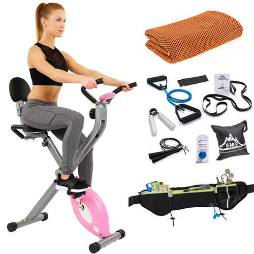 Sunny Health and Fitness Magnetic Folding Recumbent Bike + Fitness Kit Bundle