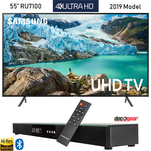 Samsung UN55RU7100 55` RU7100 LED 4K UHD TV (2019) with Deco Gear 30` Soundbar Bundle