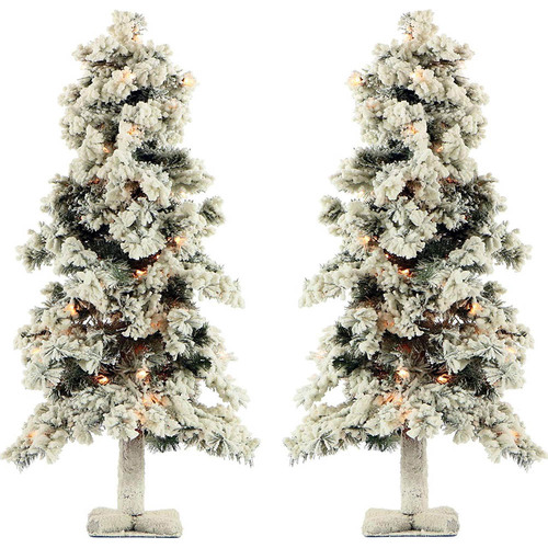 Fraser Hill Set of Two 2 Ft. Snowy Alpine Trees with Clear Lights - FFSA020-1SN/SET2
