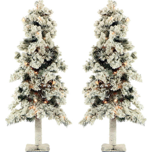 Fraser Hill Set of Two 3 Ft. Snowy Alpine Trees with Clear Lights - FFSA030-1SN/SET2