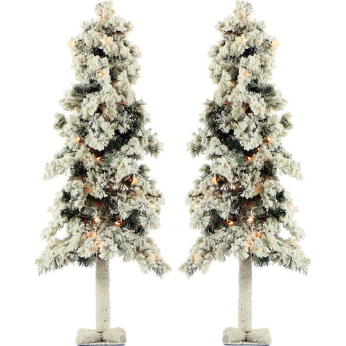 Fraser Hill Farm Set of Two 4 Ft. Snowy Alpine Trees with Clear Lights - FFSA040-1SN/SET2