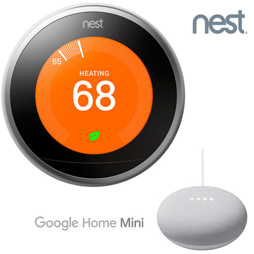 Google Nest Learning Thermostat (3rd Generation, Stainless Steel) with Google Home Mini