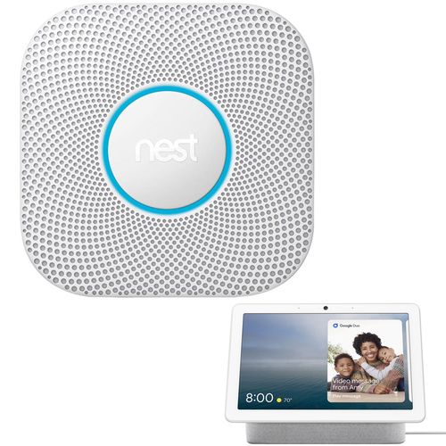 Google Nest Protect Wired Smoke Alarm (2nd Gen, White) + Google Nest Hub Max - Chalk