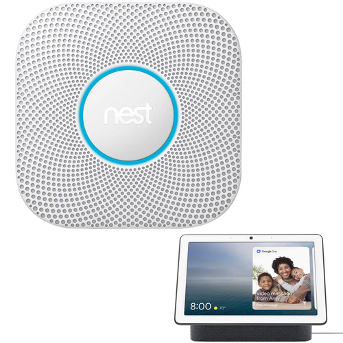 Google Nest Protect Wired Smoke Alarm (2nd Gen, White) + Google Nest Hub Max - Charcoal