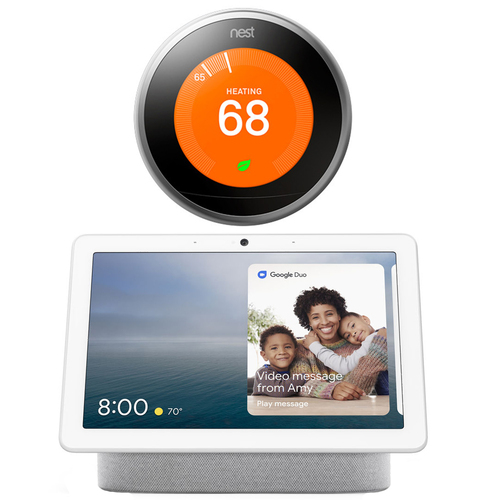 Google Nest Learning Thermostat (3rd Gen, Stainless Steel)w/ Google Nest Hub Max (Chalk)
