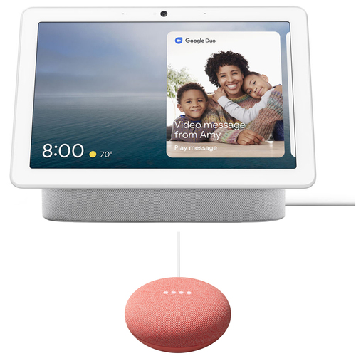 Google Nest Hub Max, Chalk Bundle w/ Google Home Mini Smart Speaker Coral