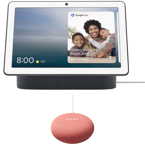 Google Nest Hub Max, Charcoal Bundle w/ Google Home Mini Smart Speaker Coral
