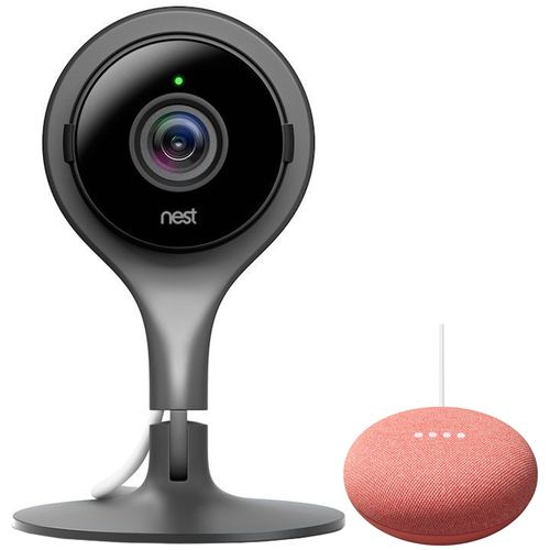 Google Nest Cam Indoor Security Camera Bundle w/ Google Home Mini Smart Speaker Coral