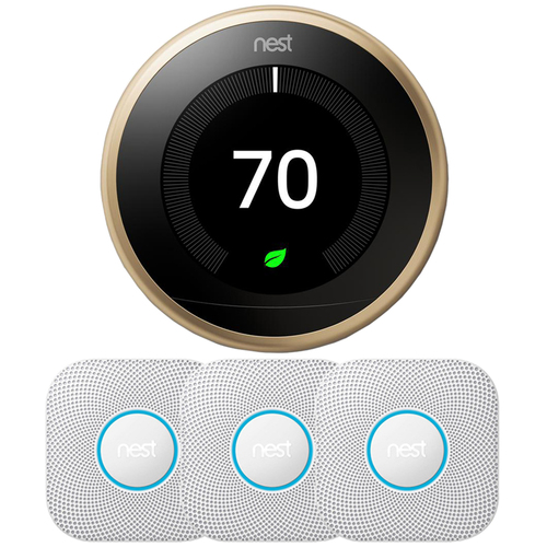 Google Nest Learning Thermostat 3rd Gen, Brass w/ 3x Protect Smoke and CO Alarm