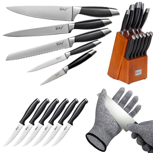 Deco Chef Gourmet 12 Piece Knife Set with Storage Block w/ Deco Chef Cut Resistant Gloves