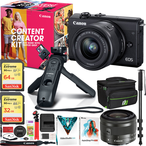 Canon EOS M200 Mirrorless Digital Camera Content Creator Kit w/ Tripod Grip + 15-45mm