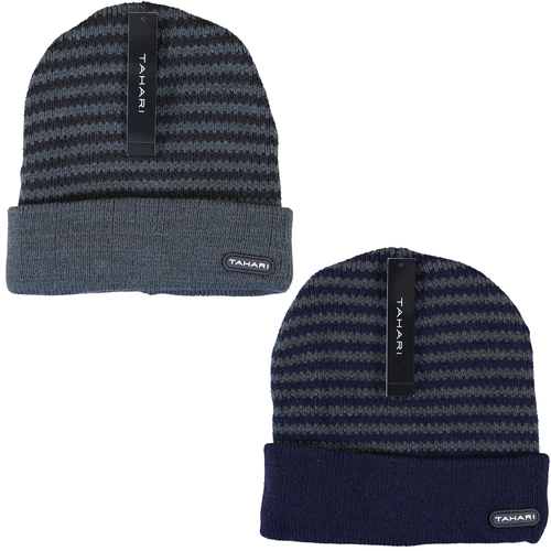 Tahari 2x Cuffed Knit Winter Beanie Ski Hat Insulated With Faux Fur(Unisex)(Navy&Grey)