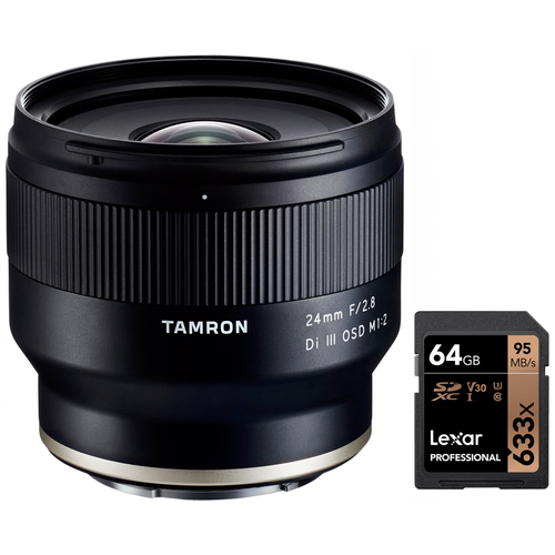 Tamron 24mm F/2.8 Di III OSD M1:2 Lens for Sony Cameras + Lexar 64GB Memory Card