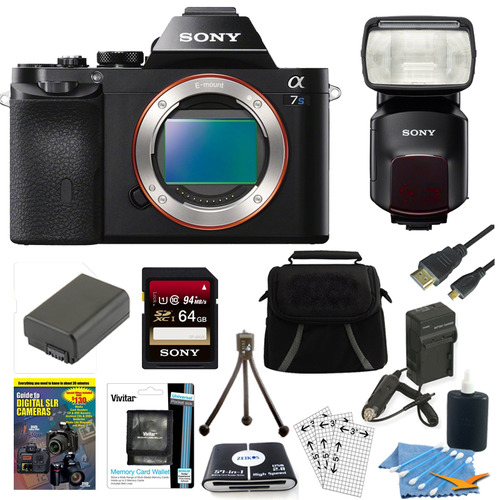 Sony ILCE-7S/B a7S Full Frame Camera 64GB SDXC Card, Battery & Flash Bundle