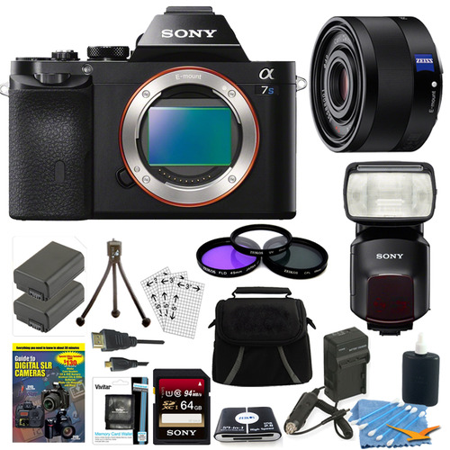 Sony ILCE-7S/B a7S Full Frame Camera, 35mm Lens, 64GB Card, 2 Batteries, Flash Bundle
