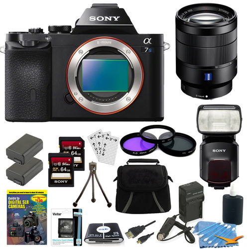 Sony ILCE-7S/B a7S Camera, 24-70mm Lens, 2 64GB Cards, 2 Batteries, Flash Bundle