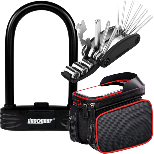 Deco Gear Cycling Kit -16-in-1 Multi-Function Repair Tool, Bike Lock, and Cell Phone Mount