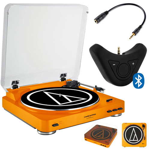 Audio-Technica AT-LP60 Stereo Turntable System (Orange) with Deco Gear Bluetooth Adapter Bundle