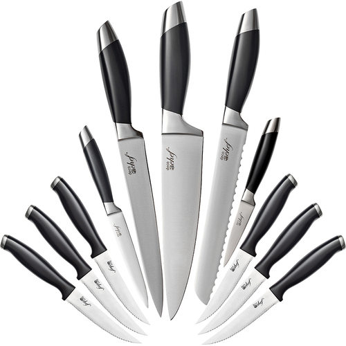 Gourmet 12 Piece Stainless Steel Knife Set with Storage Block - Full Tang Design