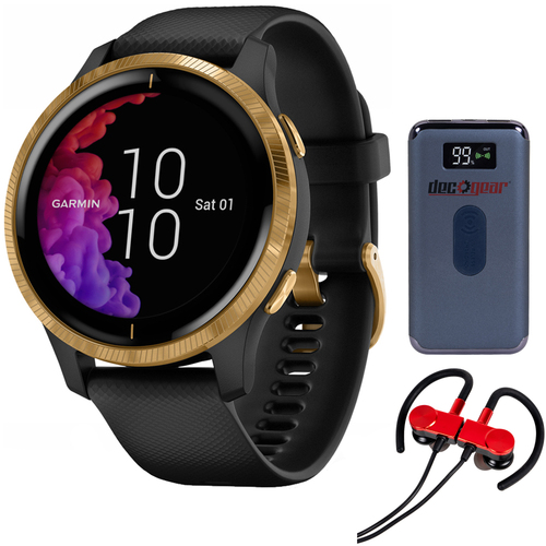Garmin Venu Amoled GPS Smartwatch - Black with Gold Hardware w/ Earbuds Bundle