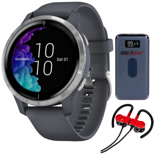 Garmin Venu Amoled GPS Smartwatch Granite Blue w/ Silver Hardware +Earbuds Bundle