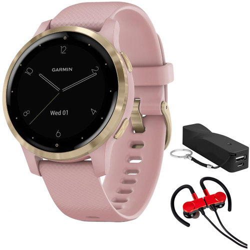 Garmin 010-02172-31 Vivoactive 4S Smartwatch (Dust Rose/Gold) + Wireless Earbuds Bundle