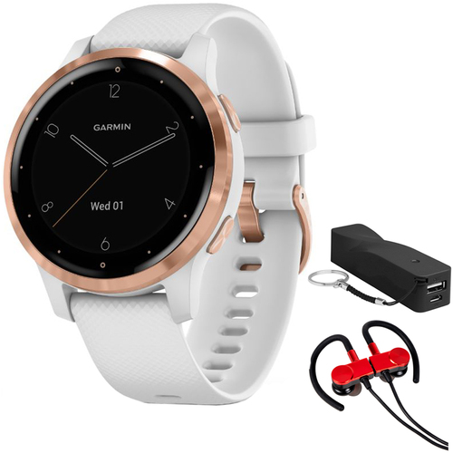 Garmin Vivoactive 4S Smartwatch (White/Rose Gold) w/ Wireless Earbuds Bundle
