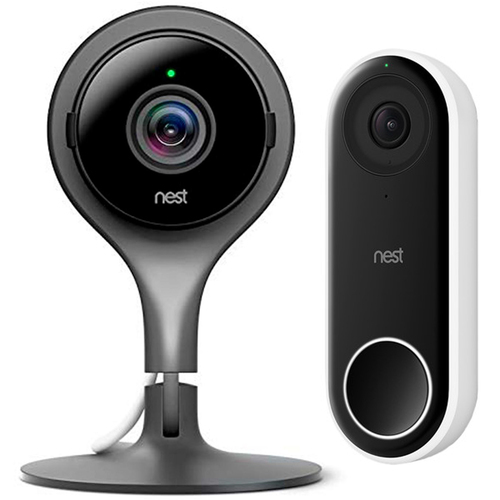 Nest Cam 1080p HD Day/Night 2-Way Audio Cloud Storage Wireless Indoor Smart Security Camera (Black) + Google Nest Hello Smart W