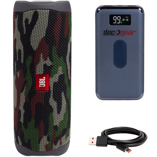 JBL Flip 5 Portable Bluetooth Speaker (Squad) with Deco Gear Power Bank Bundle