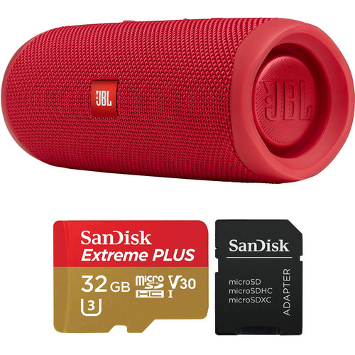 JBL Flip 5 Portable Waterproof Bluetooth Speaker (Red) and 32GB Memory Card Bundle