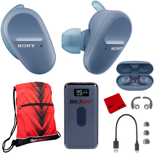 Sony WF-SP800N Wireless Noise Canceling Earbud Headphones (Blue) w/ Deco Gear Bundle