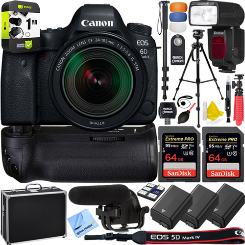 Canon EOS 6D Mark II Full-Frame DSLR Camera 24-105mm Pro Memory Power Recording Bundle