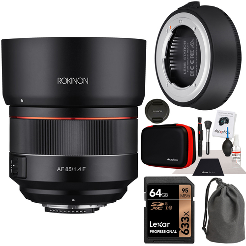 Rokinon AF 85mm f/1.4 EF Lens for Nikon F +Lens Station Bundle