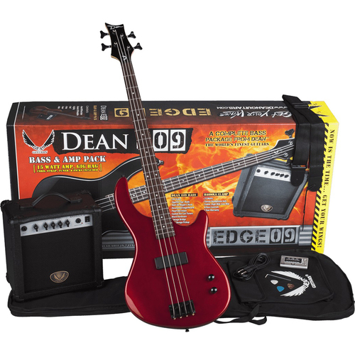 Dean Edge 09 Bass Guitar and Amp Pack with Accessories, Metallic Red