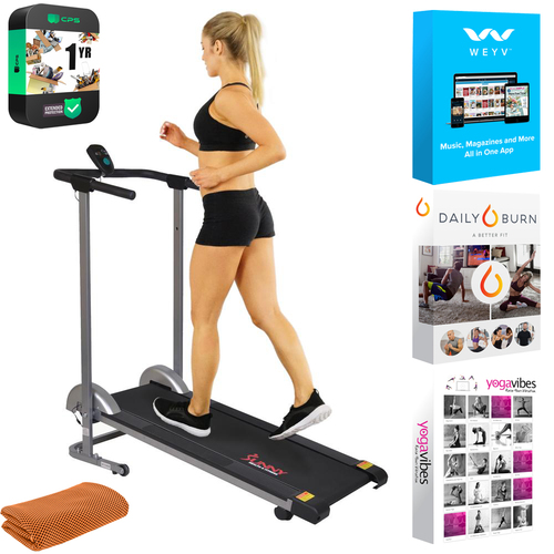 Sunny Health and Fitness Manual Compact Walking Treadmill w/ LCD Monitor + Fitness Software Bundle