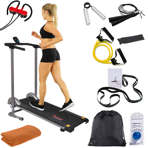 Sunny Health and Fitness Manual Compact Walking Treadmill with LCD Monitor w/ Deco Fitness Kit