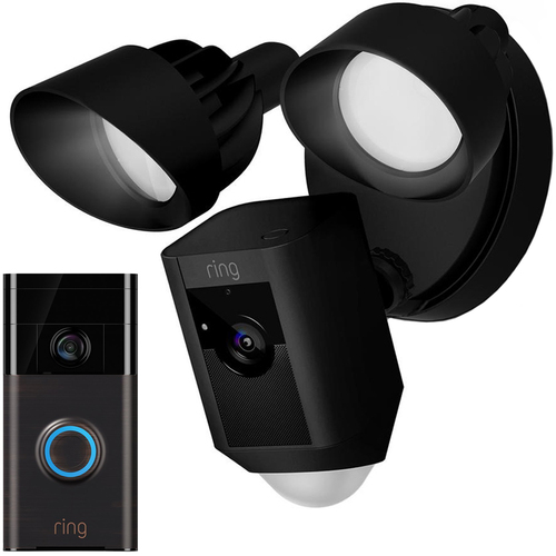 Ring Outdoor Floodlight Camera, Black Certified Refurbished w/Video Doorbell