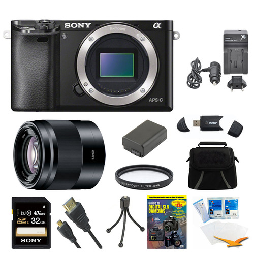 Sony Alpha a6000 Black Camera with SEL 50 f1.8mm Lens and 32GB Card Bundle
