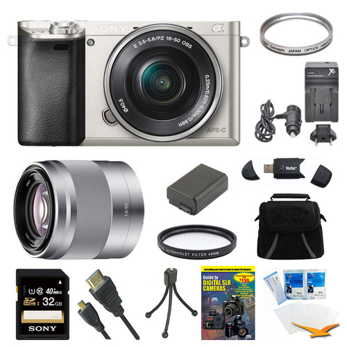 Sony Alpha a6000 Silver Camera with 16-50mm Lens, 50mm Lens, and 32GB Card Bundle