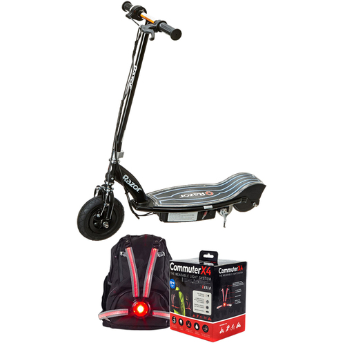 Razor E100 Glow Electric Scooter, Black w/ Veglo X4 Wearable Rear Light System