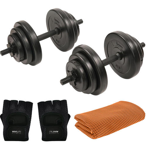 Sunny Health and Fitness Exercise Vinyl 40Lb Dumbbell Set Hand Weights with Workout Gloves + Towel Bundle